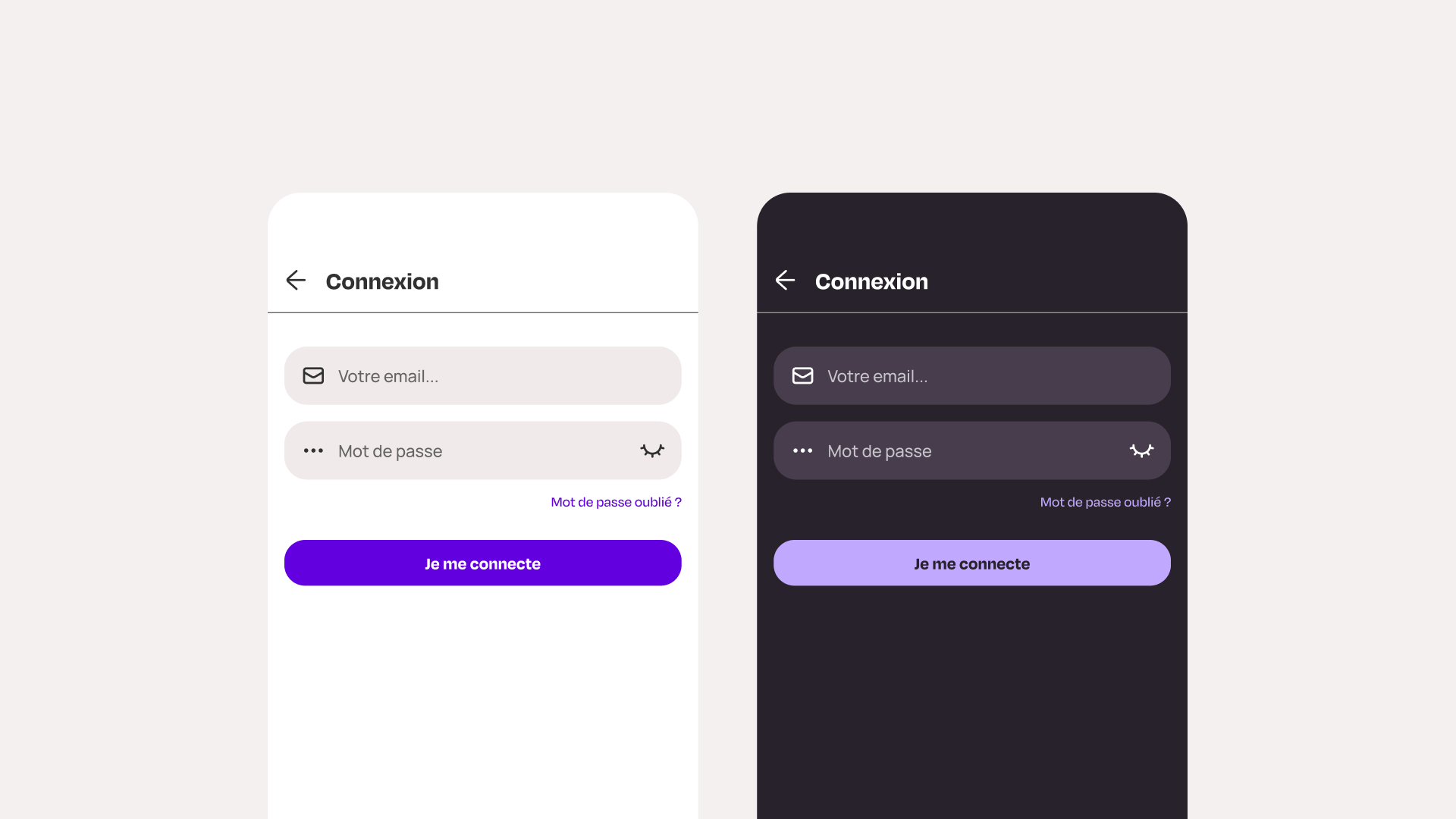 Image représentant une page de connexion en mode clair et en mode sombre.